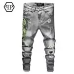 jeans slim philipp plein pour homme paris crane percage a chaud gris sm1986